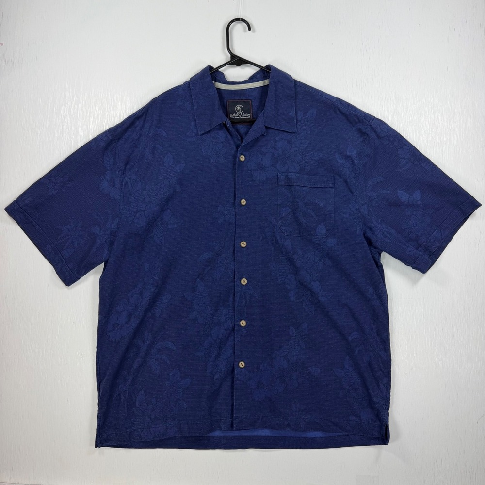 Jamaica Jaxx 100% Silk Hawaiian Shirt XXL Navy Blue Floral Jacquard Island